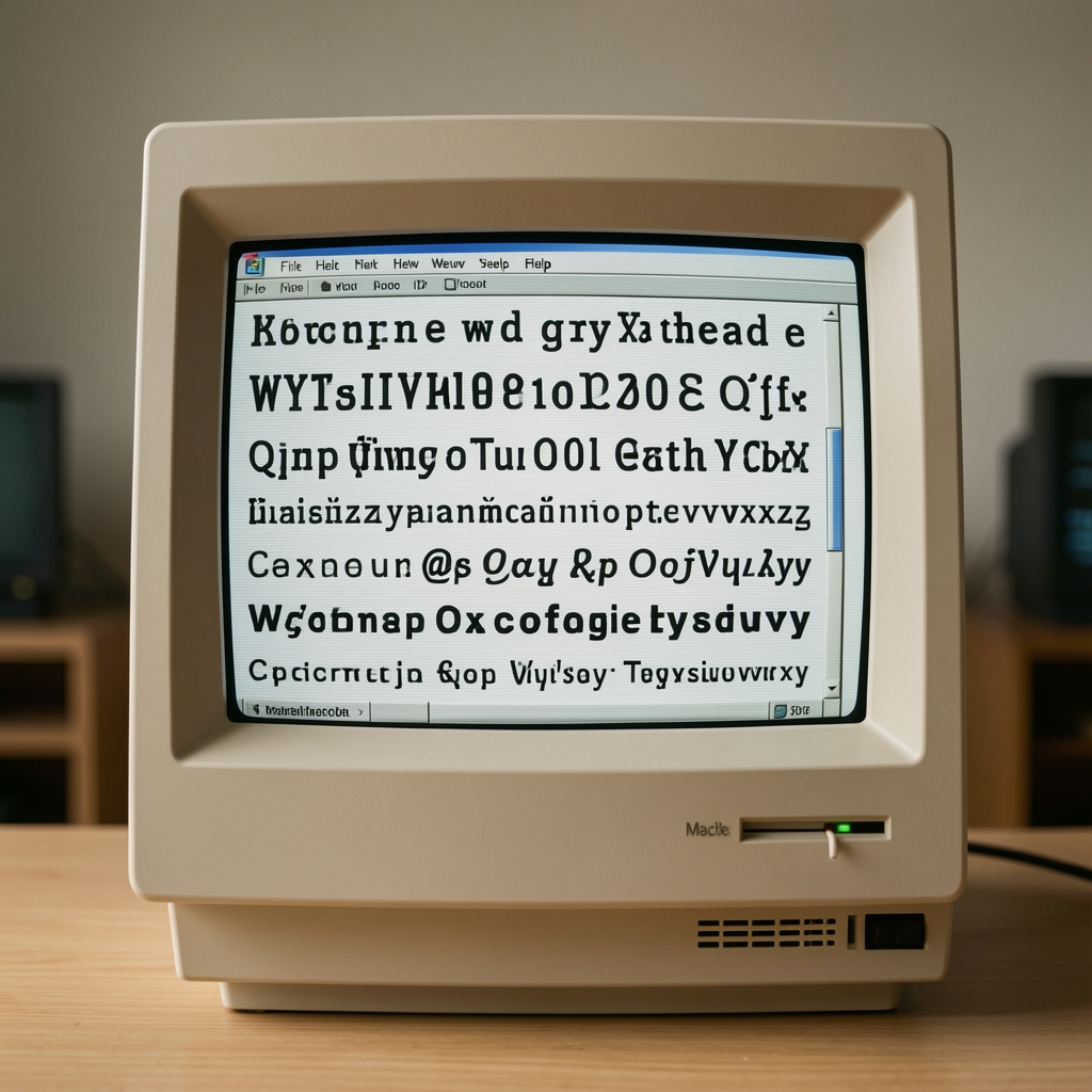 Экран компьютера Macintosh 1984 года с первым WYSIWYG-интерфейсом и отображением различных шрифтов — начало цифровой типографической революции