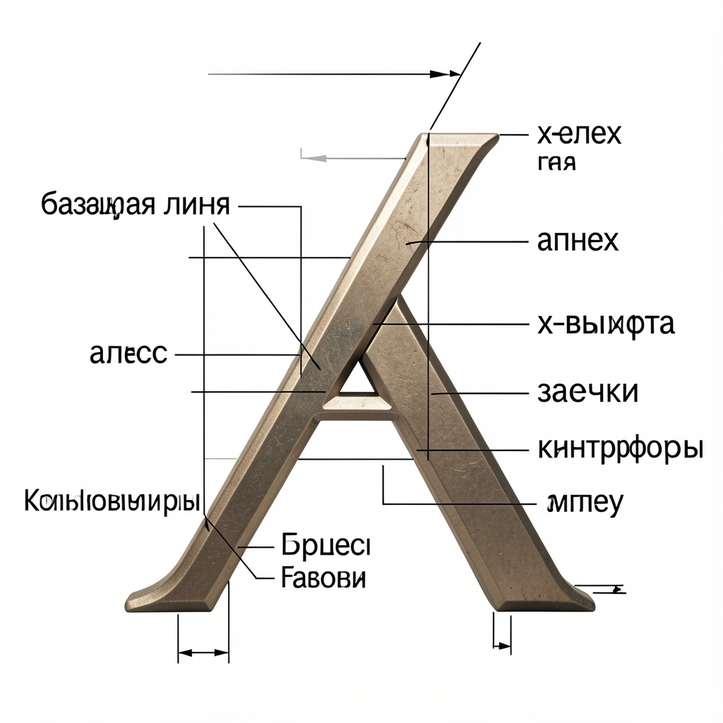 Детальная диаграмма анатомии буквы 'g' с подписями элементов: засечки, апекс, контрформа, базовая линия