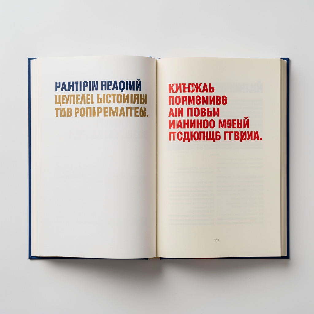 Разворот книги с контрастными цветовыми акцентами в заголовках: тёмно-синий основной текст, охристые подзаголовки, красные буквицы на кремовом фоне